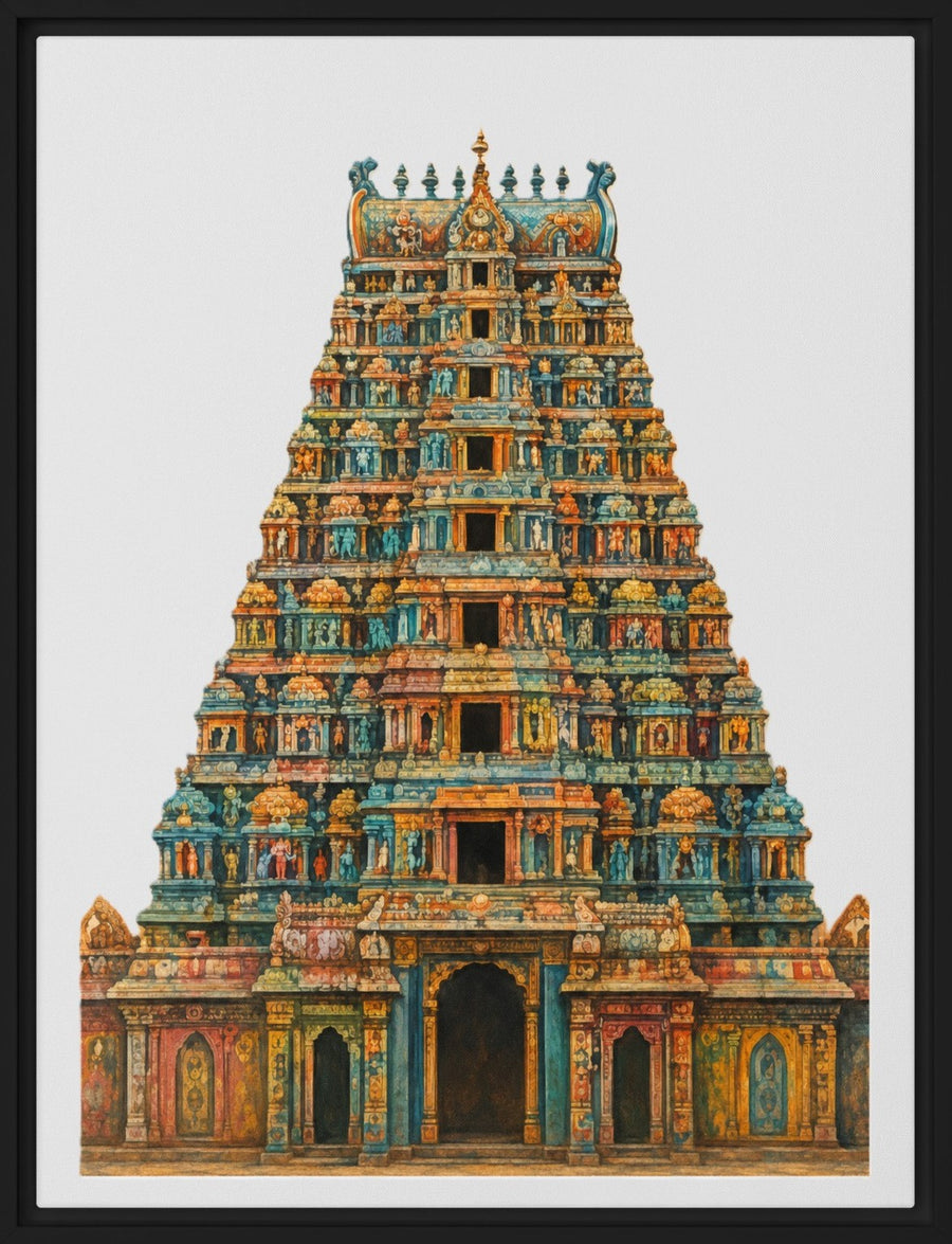 Ancient Indian Temple Wall Art – Framed Canvas – 9" × 12"