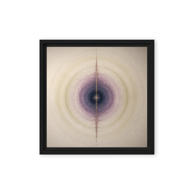 Framed abstract art with concentric circles and a central purple circle on a beige background