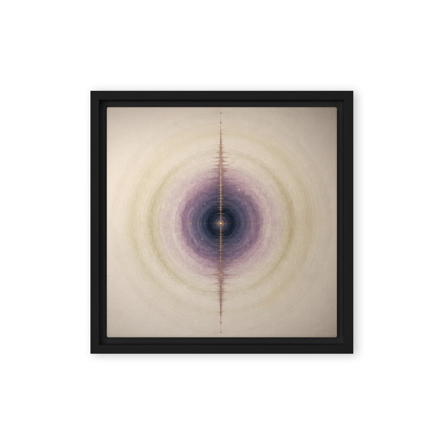 Framed abstract art with concentric circles and a central purple circle on a beige background