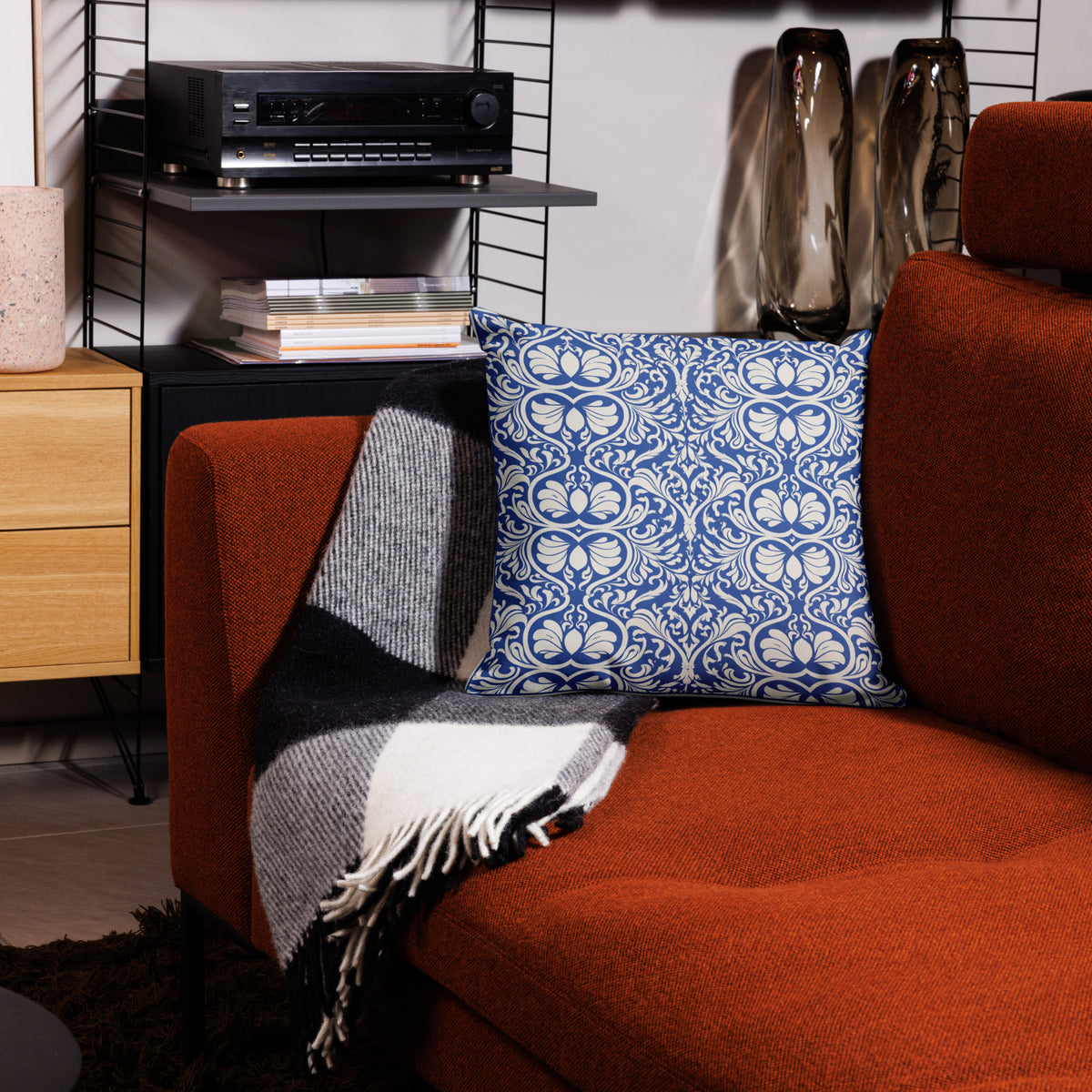 Baroque Damask Accent Pillow - Cobalt & Cream