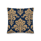 Decorative pillow with gold damask pattern on a blue background