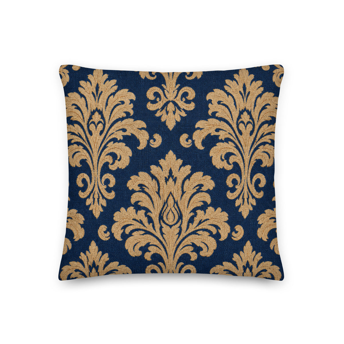 Decorative pillow with gold damask pattern on a blue background