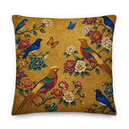 Decorative pillow with birds and flowers on a gold background