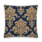 Decorative pillow with gold damask pattern on a blue background