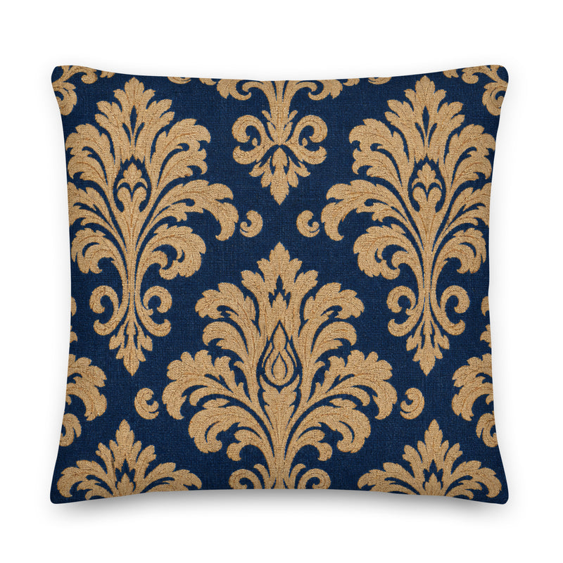 Decorative pillow with gold damask pattern on a blue background