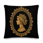 Decorative pillow with a gold portrait design on a black background