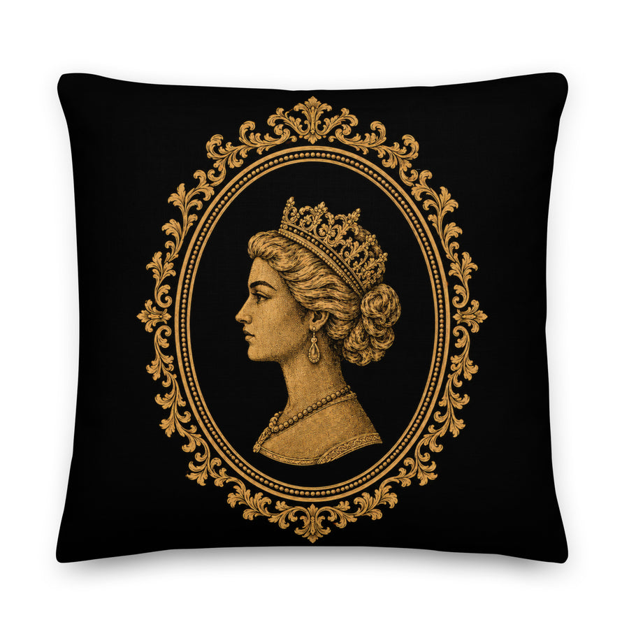 Decorative pillow with a gold portrait design on a black background