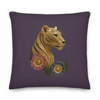 Jeweled Lioness accent pillow in purple and gold with intricate lion artwork 22x22