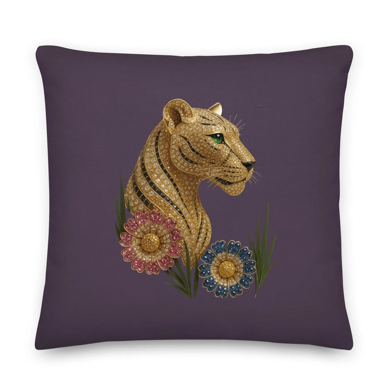 Jeweled Lioness accent pillow in purple and gold with intricate lion artwork 22x22