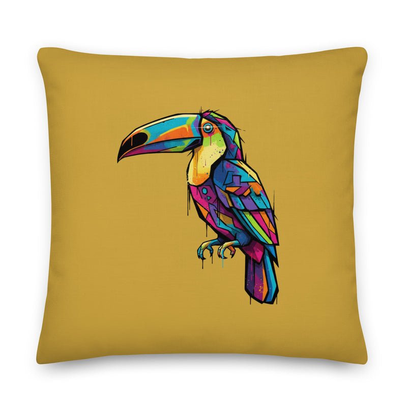 Pillow with a colorful toucan design on a mustard yellow background