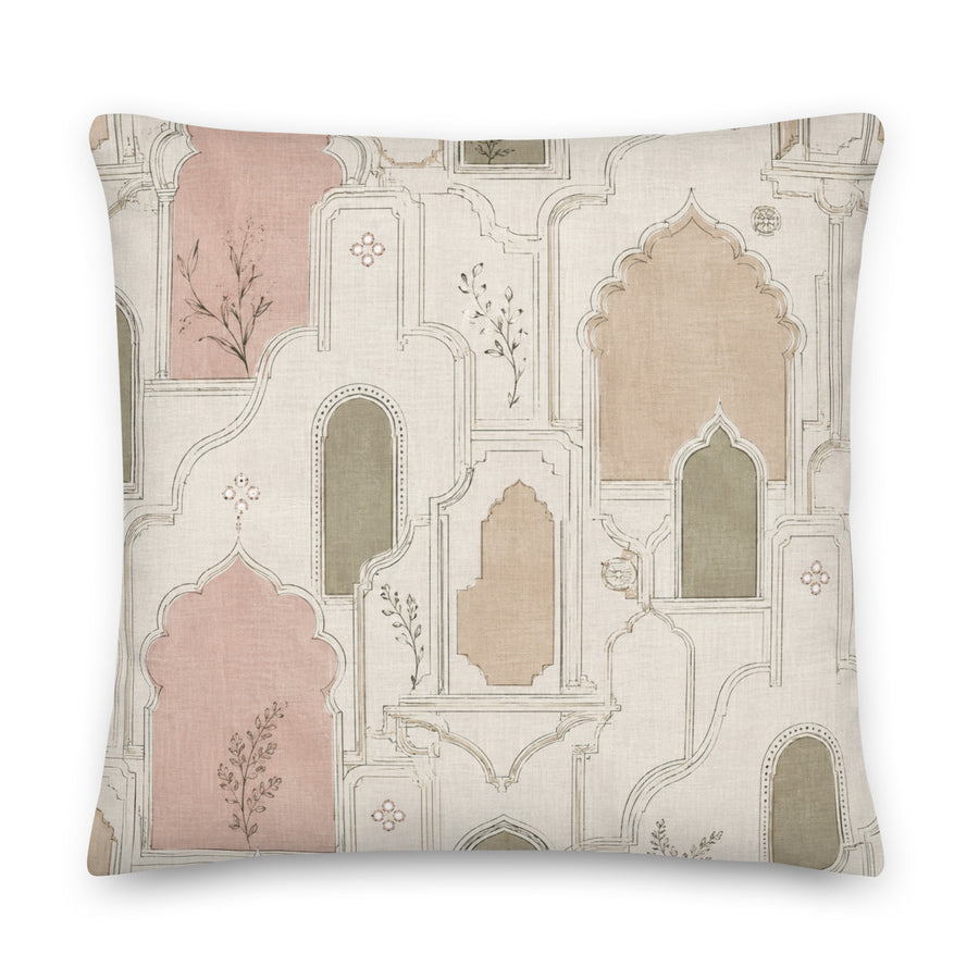 Decorative pillow with architectural design in soft colors on a white background