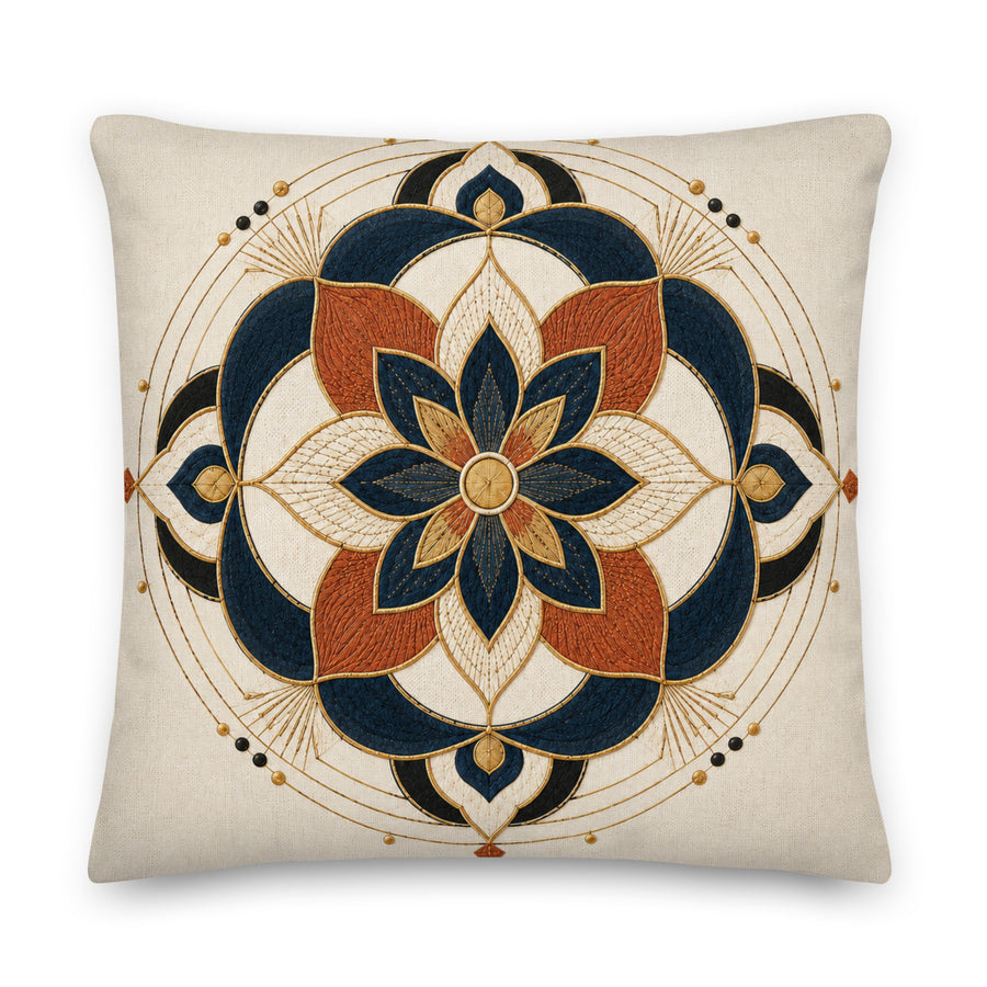 Decorative pillow with a geometric floral pattern on a beige background