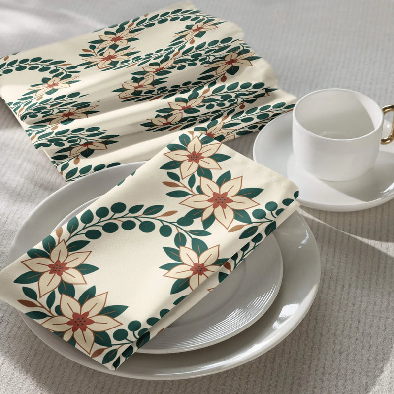 Evergreen Holiday Floral placemat set of 4 with eucalyptus and warm blooms on cream polyester