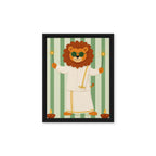 Cute lion in a festive white outfit holding sparklers on a green striped background framed canvas for nursery decor