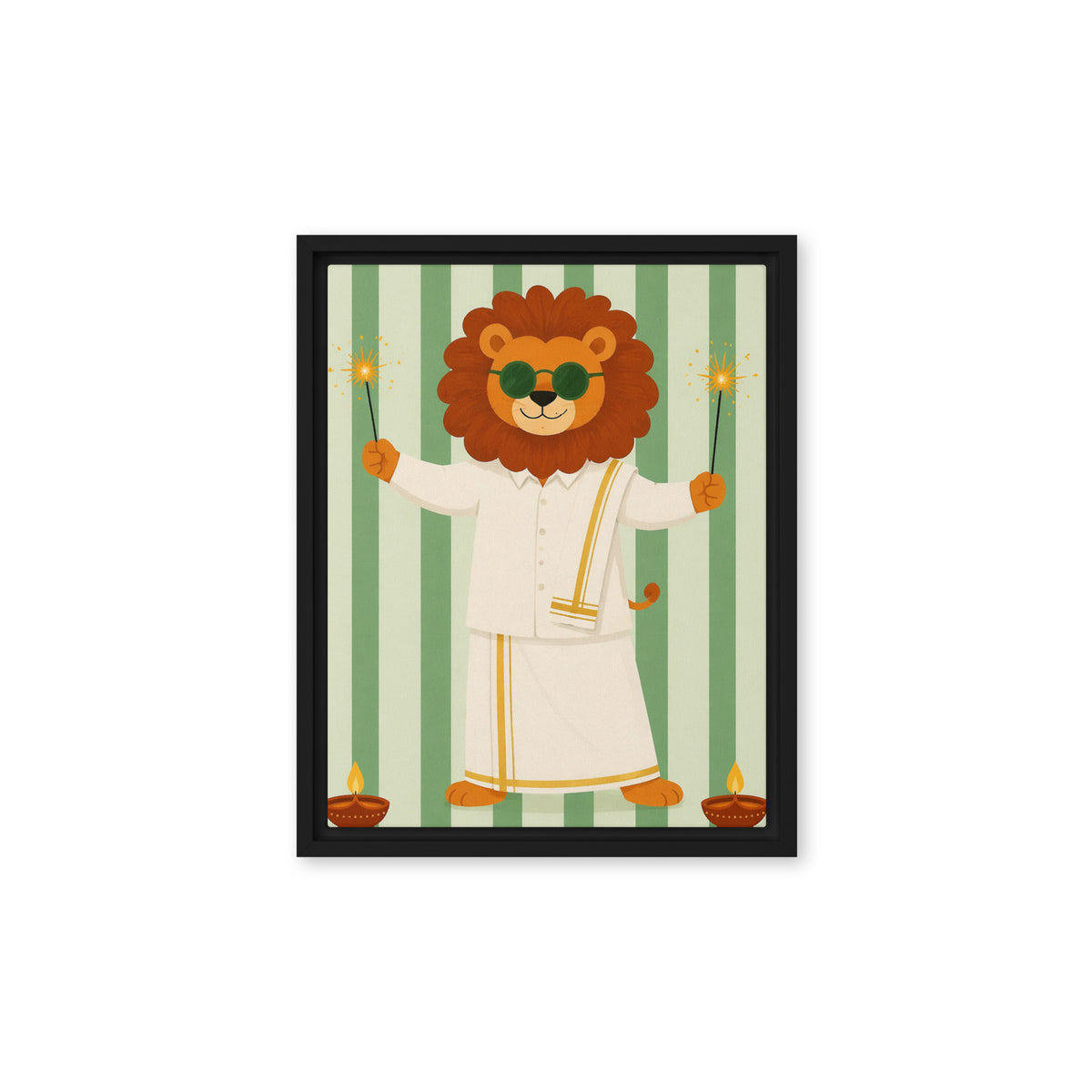 Cute lion in a festive white outfit holding sparklers on a green striped background framed canvas for nursery decor