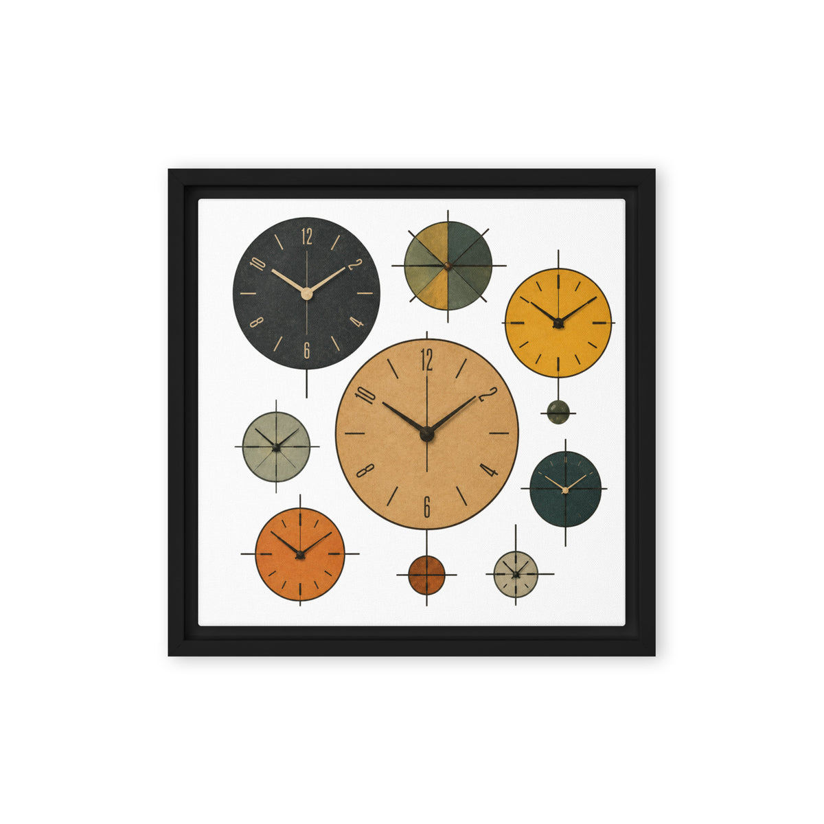 Timekeeper mid-century modern clock framed canvas wall art in warm mustard, ochre, and burnt orange tones, Wanderlust collection, designed in NYC