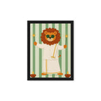 Cute lion in a festive white outfit holding sparklers on a green striped background framed canvas for nursery decor