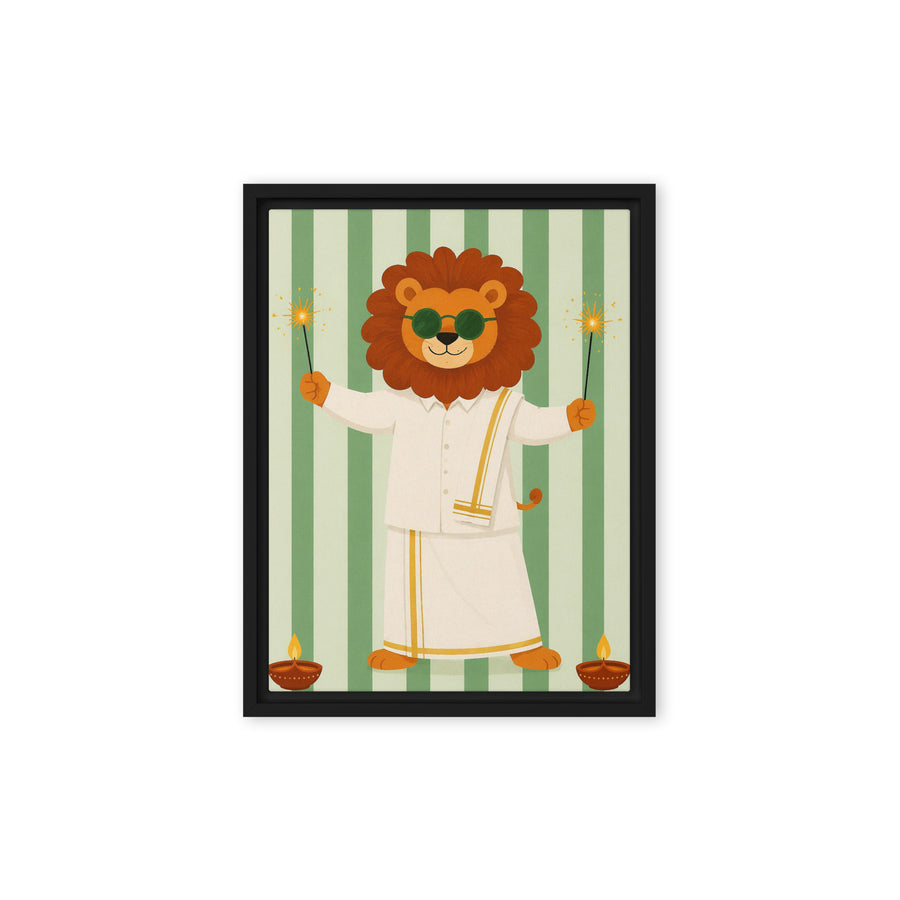 Cute lion in a festive white outfit holding sparklers on a green striped background framed canvas for nursery decor