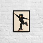 Framed artwork of a monkey on roller skates on a textured white wall.