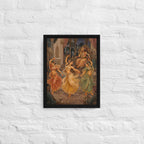 Framed artwork of three dancers in colorful costumes on a white brick wall.