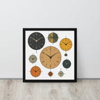 Framed wall art with multiple clock faces on a white background