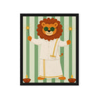 Cute lion in a festive white outfit holding sparklers on a green striped background framed canvas for nursery decor