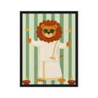 Cute lion in a festive white outfit holding sparklers on a green striped background framed canvas for nursery decor