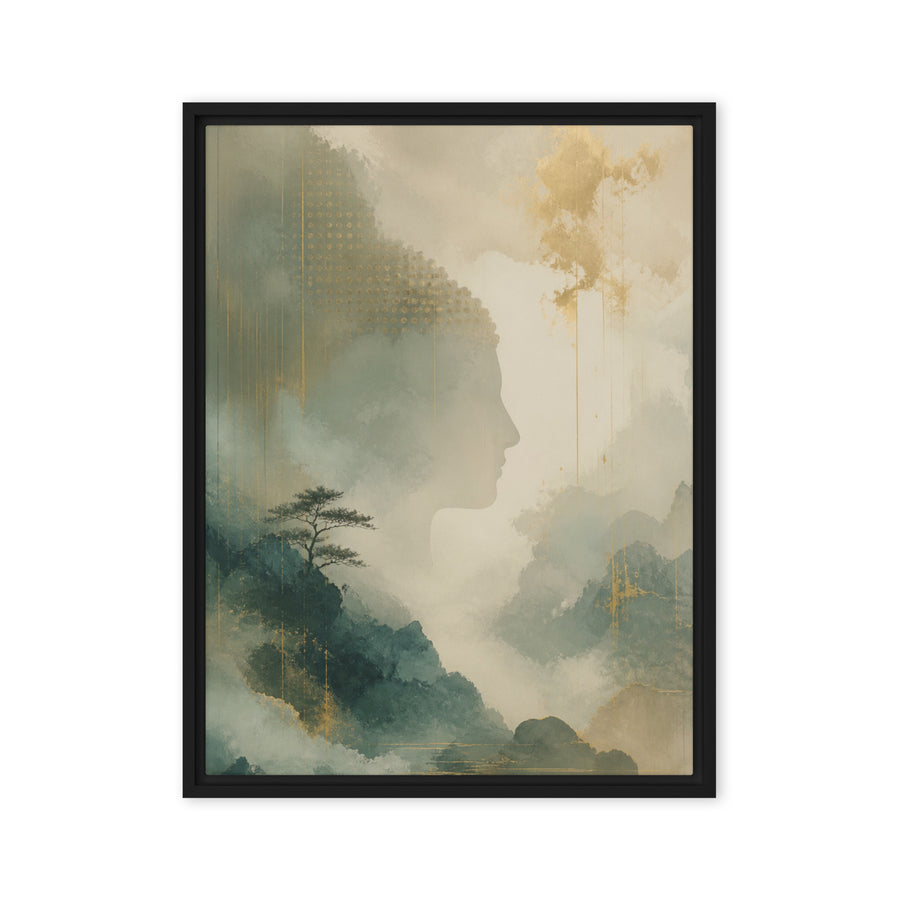 Framed artwork with a silhouette of a person and a scenic landscape.