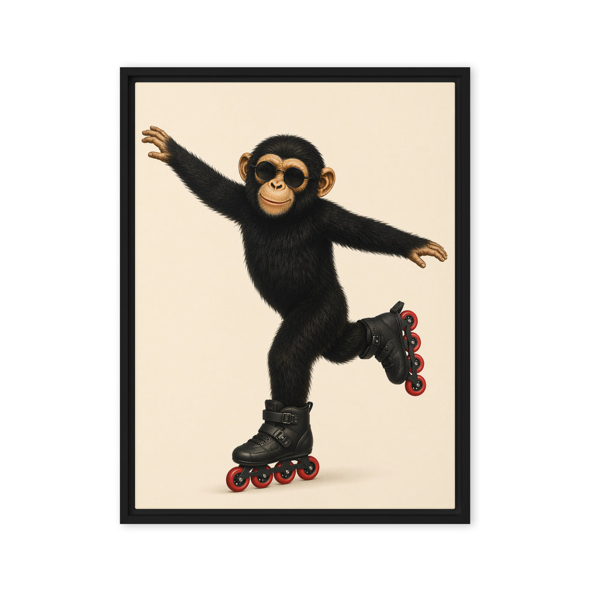 Framed artwork of a monkey rollerblading on a beige background