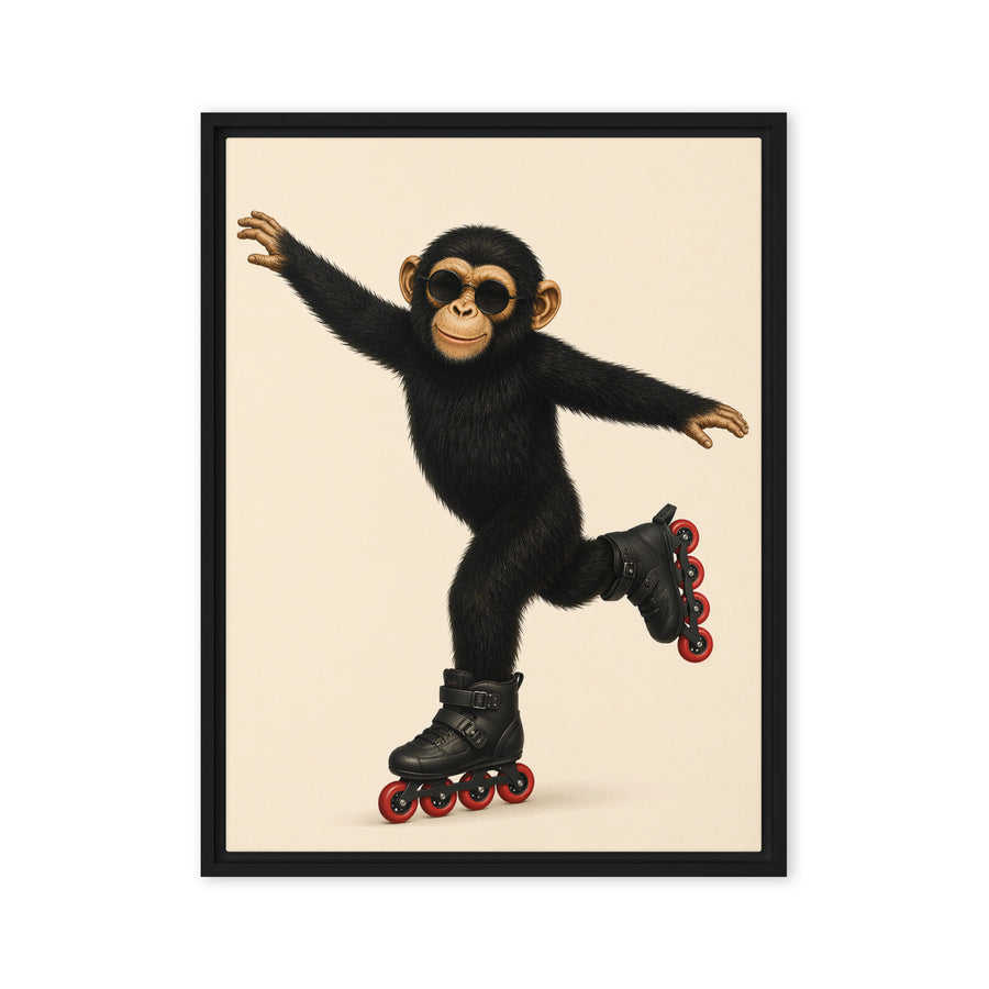 Framed artwork of a monkey rollerblading on a beige background