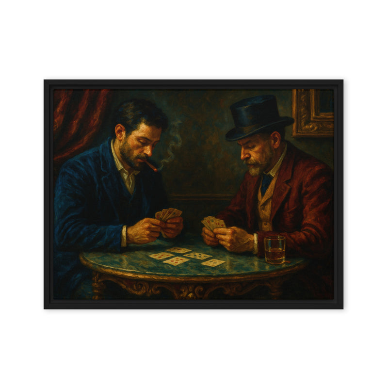 Two men playing cards at a table with a dark background