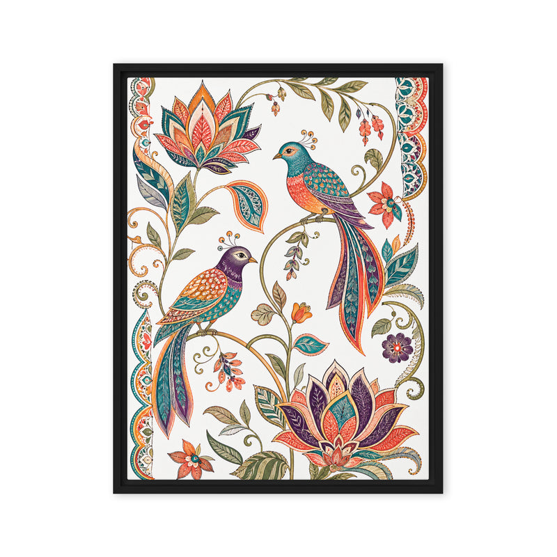 Framed artwork with colorful birds and floral patterns on a white background