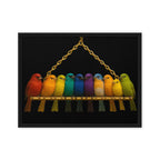 Framed artwork of colorful birds on a perch against a black background