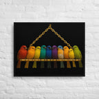 Colorful birds on a hook against a black background, framed on a white brick wall.