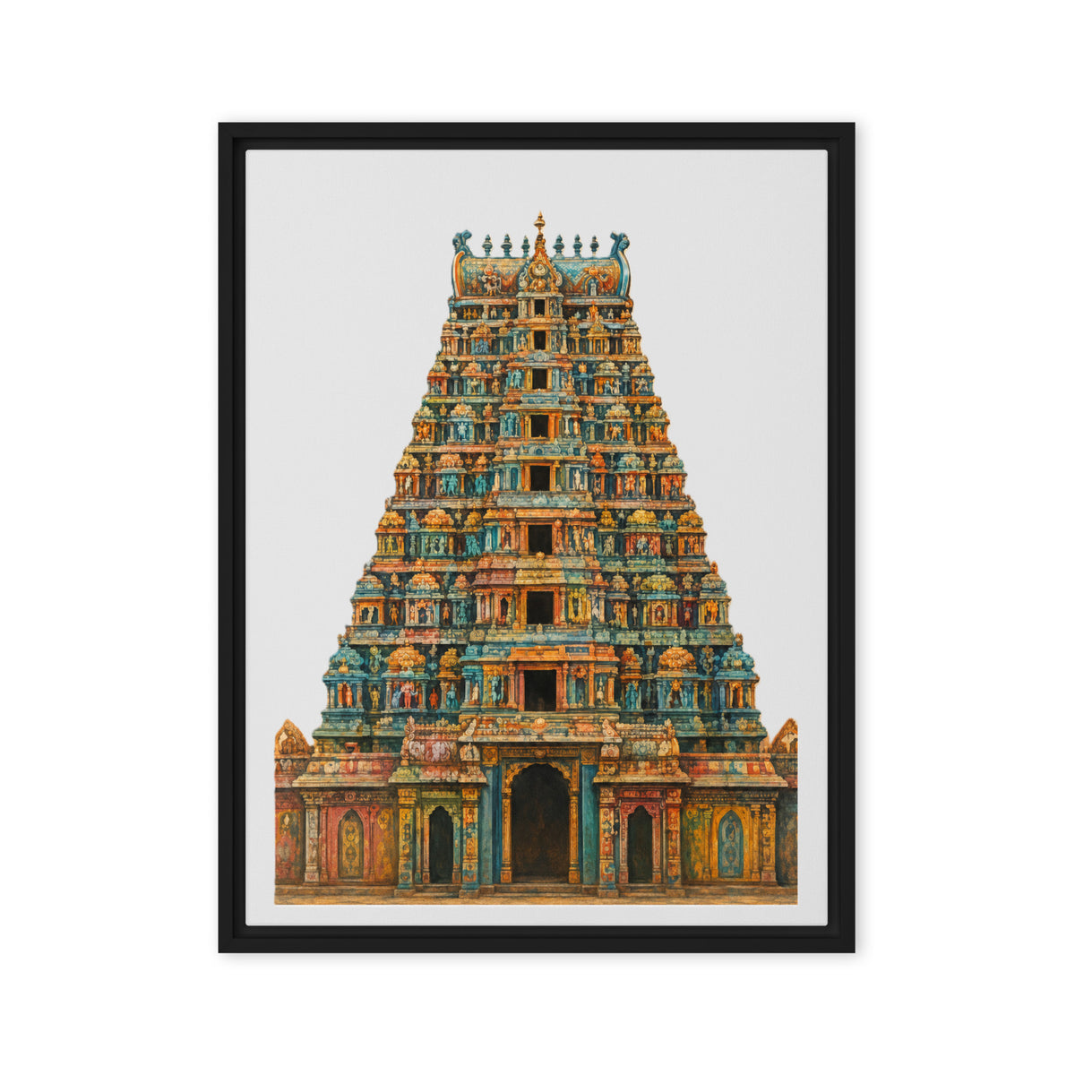 Framed artwork of a colorful temple structure on a white background