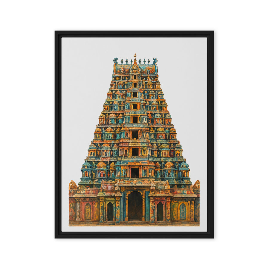 Framed artwork of a colorful temple structure on a white background