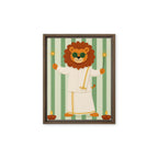 Cute lion in a festive white outfit holding sparklers on a green striped background framed canvas for nursery decor