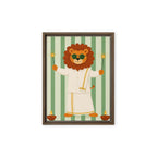Cute lion in a festive white outfit holding sparklers on a green striped background framed canvas for nursery decor