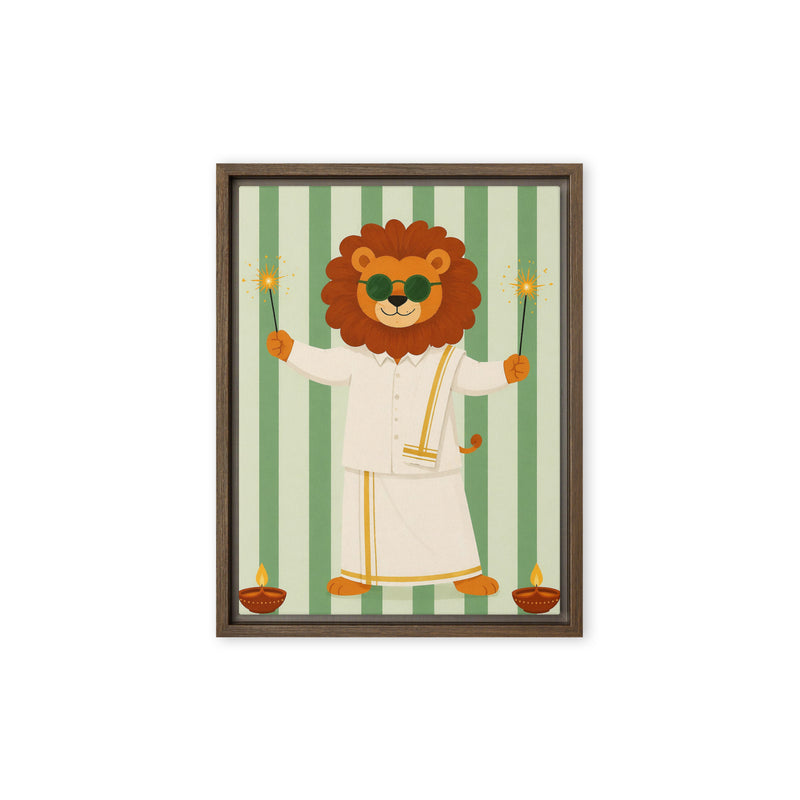 Cute lion in a festive white outfit holding sparklers on a green striped background framed canvas for nursery decor