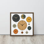 Framed artwork of various clock faces on a white background