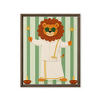 Cute lion in a festive white outfit holding sparklers on a green striped background framed canvas for nursery decor