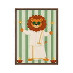 Cute lion in a festive white outfit holding sparklers on a green striped background framed canvas for nursery decor