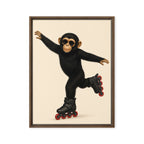 Framed artwork of a monkey rollerblading on a beige background