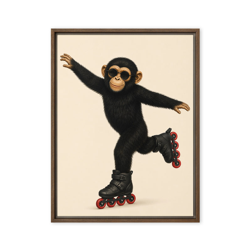 Framed artwork of a monkey rollerblading on a beige background
