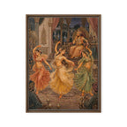 Framed artwork of three dancers in colorful costumes with a seated figure in the background.
