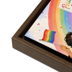 Framed artwork with a rainbow flag and person holding it, on a white background