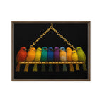 Framed artwork of colorful birds on a branch against a black background