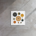 Decorative wall clock with multiple clock faces on a textured gray wall.
