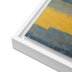 Abstract painting with yellow and blue hues in a white frame.