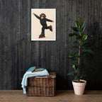 Room interior with a framed picture of a monkey on roller skates, a woven basket, and a potted plant against a wooden wall.